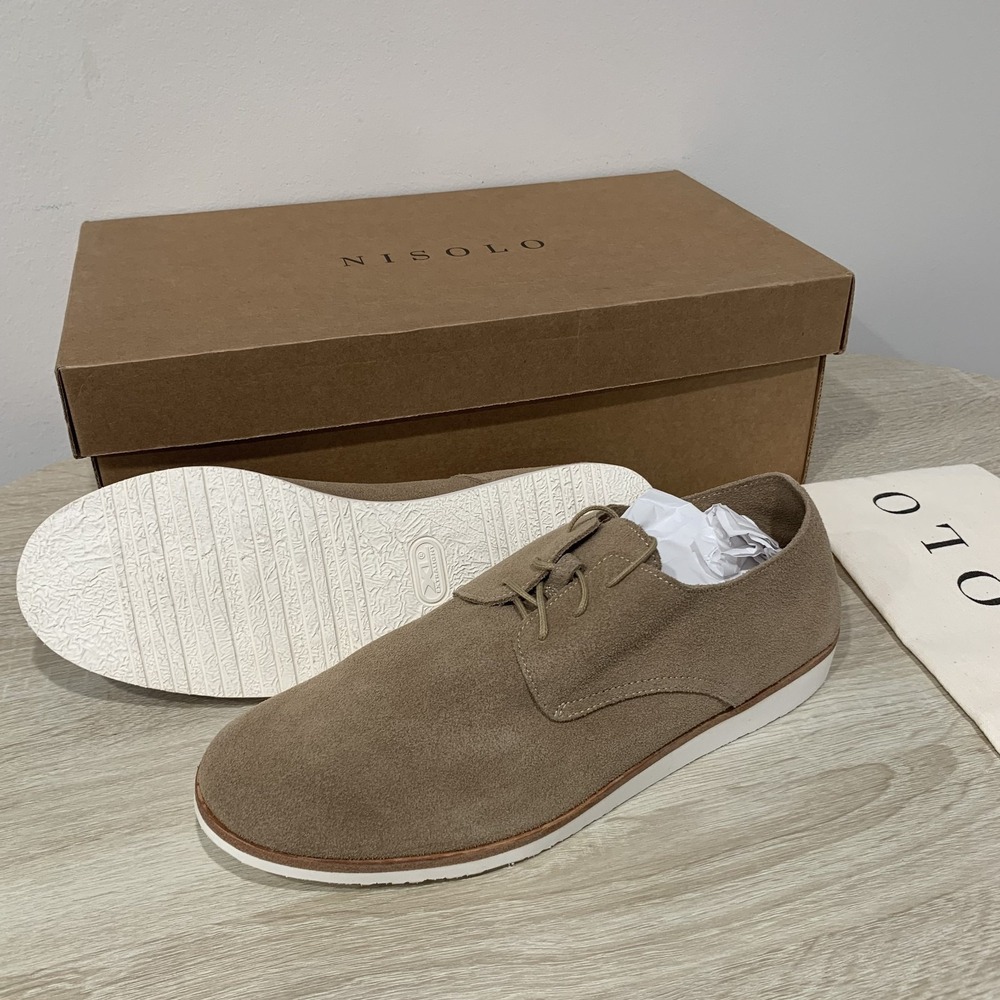Nisolo Travel Derby Shoes Mens 8.5 Suede Lightweight Packable Stone NEW IN BOX!